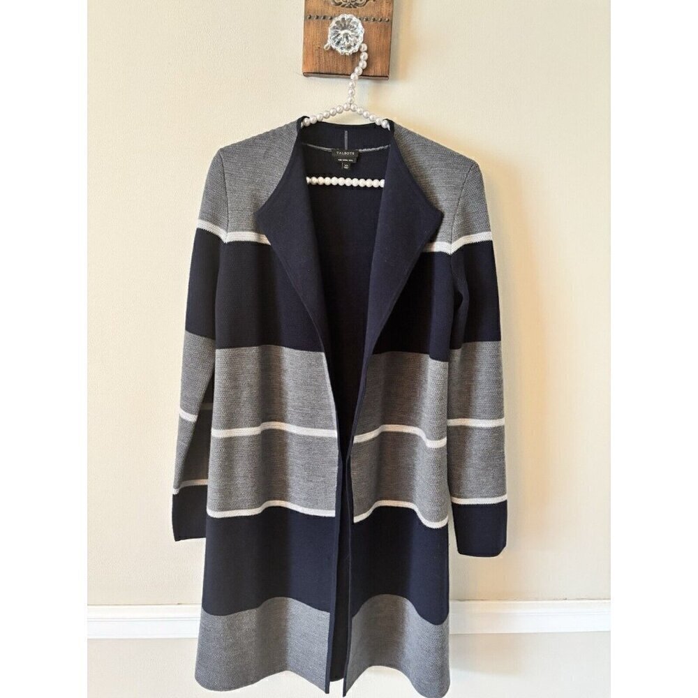 Talbots Womens Size XS Blue Merino Wool Striped Open Front Cardigan Sweater